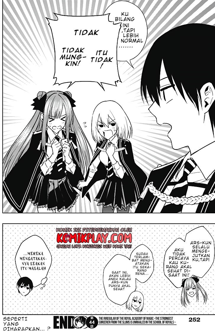 Ouritsu Mahou Gakuen no Saikasei: Slum Agari no Saikyou Mahoushi, Kizoku darake no Gakuen de Musou suru Chapter 44 Bahasa Indonesia